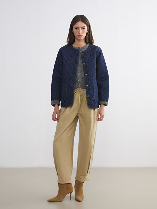 Bisiklet Yaka Kapitone Oversize Kad?n Jean Ceket