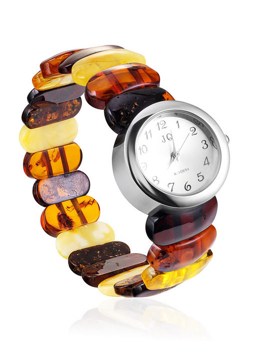 Изысканные наручные часы с ярким браслетом из натурального янтаря
