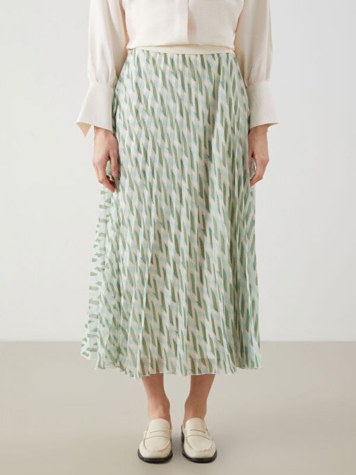 Beli Lastikli Desenli ?ifon Kad?n Pileli Etek