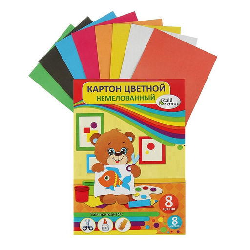Картон цветной А4, 8 листов, 8 цветов Мишка, немелованный 200 г/м2, в папке