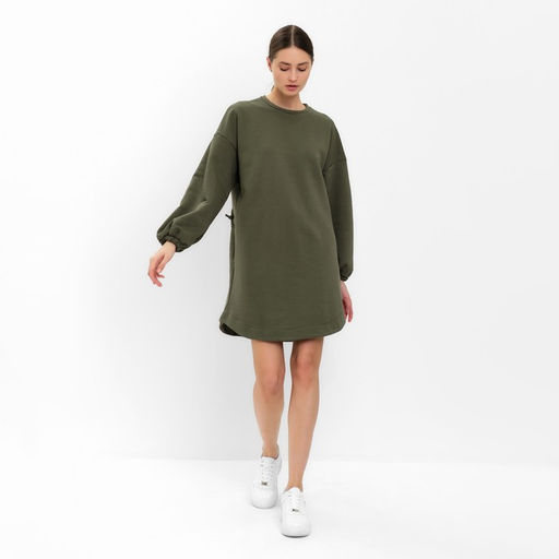 Платье женское короткое с кулиской MINAKU: Casual Collection, зелёное, размер 46, с длинным рукавом