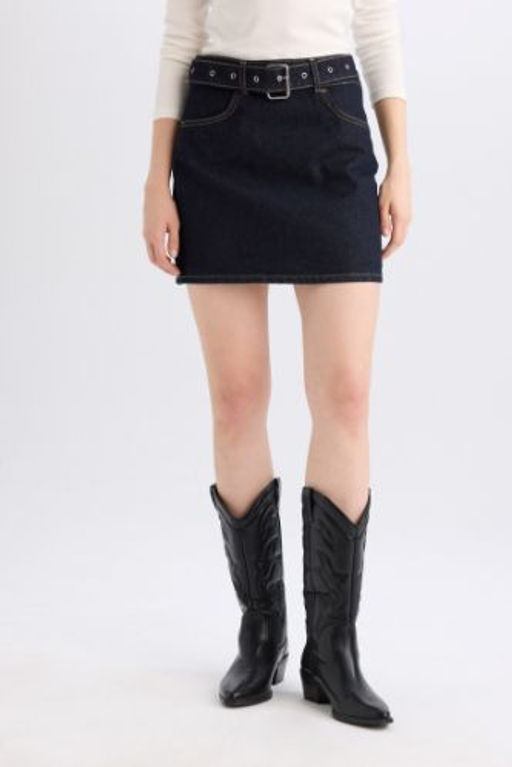 Fashion Fit Soluk Efektli Cepli Kemerli Jean Mini Etek