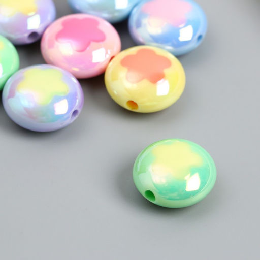 Цена за 8 шт. Бусина пластик Плоский шарик. Цветочек, глянец перламутр, 1.7?1.7 см, МИКС