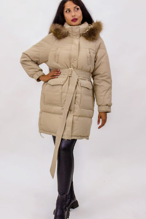 Зимняя куртка на поясе с натуральным мехом арт. 23226