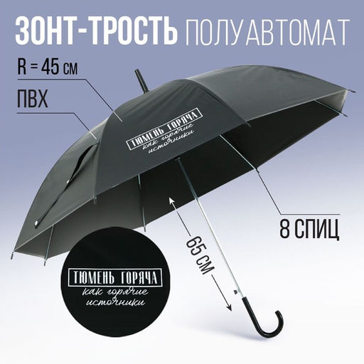Зонт-трость полуавтомат Тюмень горяча, как горячие источники, цвет черный, 8 спиц, R = 45 см