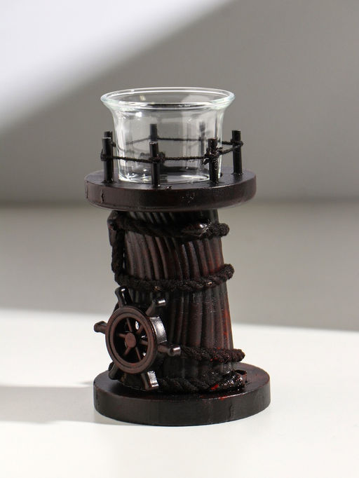 Подсвечник на 1 свечу «Маяк и штурвал», дерево, стекло, 8.5×8.5×15.5 см