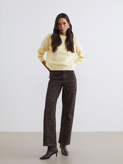 Straight Fit Leopar Desenli Kad?n Jean Pantolon