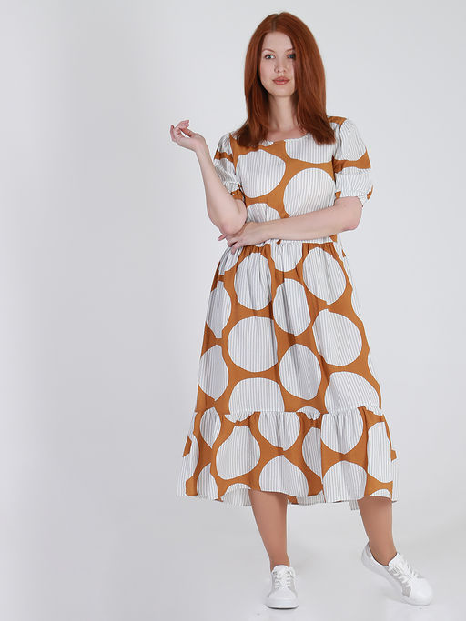 Летнее платье больших размеров горчичного цвета в крупный белый горох - Almond фото 3