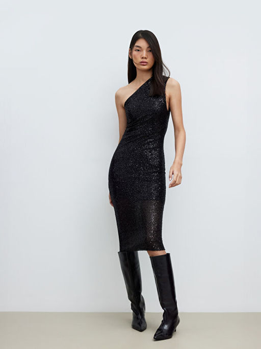 Tek Omuz Pul Payetli Elbise