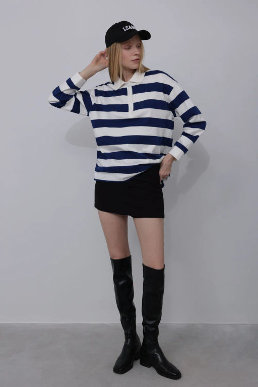 Блузка-поло в широкую горизонтальную бело-зеленую полоску - Incity фото 12