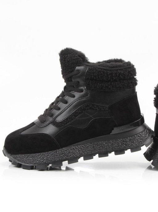 04-WG042-1M BLACK Кроссовки зимние женские (натуральная кожа, натуральная замша, 100% шерсть)