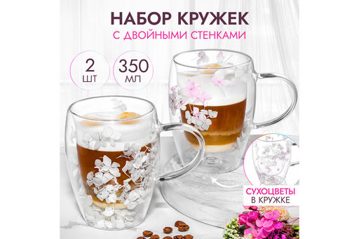 Набор 2 кружек 350 мл 13,3*9*11,5 см Crystal glass с двойн.стенками, с декором их сухоцв, роз/сер
