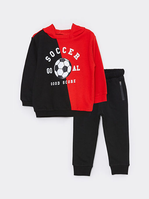 Kap??onlu Uzun Kollu Bask?l? Erkek Bebek Sweatshirt ve Pantolon 2li Tak?m