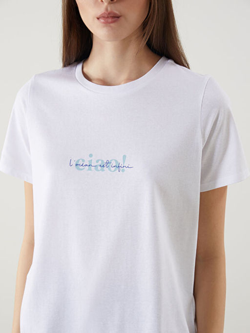 Bisiklet Yaka Bask?l? Penye Kad?n Ti??rt