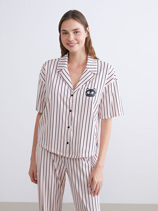 G?mlek Yaka ?izgili Kad?n Pijama Tak?m