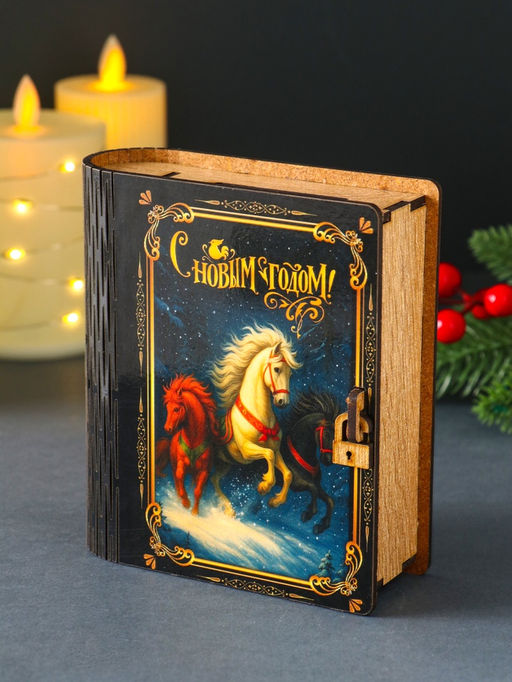 Новогодняя копилка-книга для денег «Тройка лошадей», купюр, монет, 14×12×5 см
