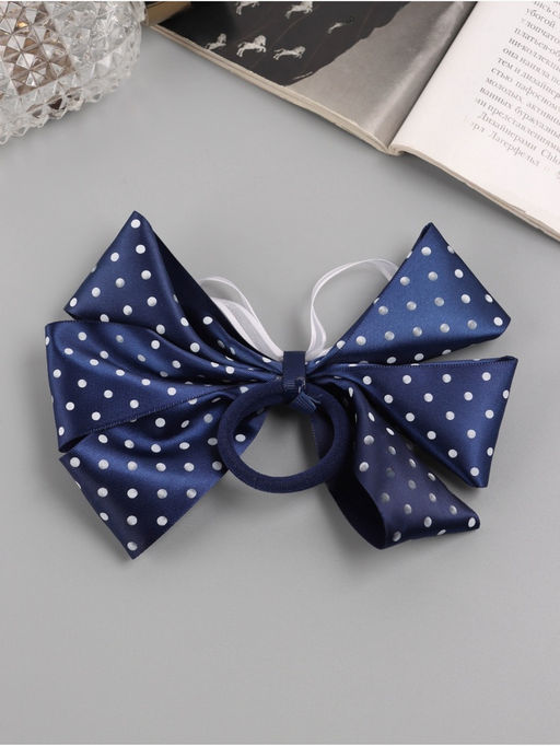 Цена за 6 шт. Бант для волос на резинке «Школьница», белый горошек, 14 см, бело-синий