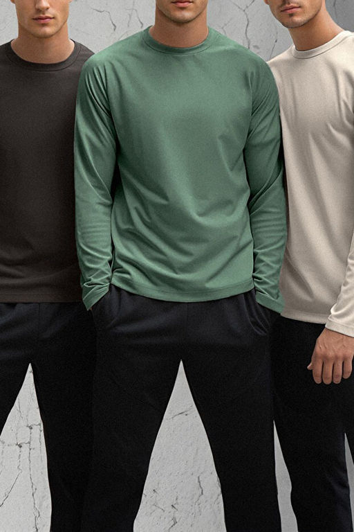 Koyu Kahve-Koyu Ye_il-Ta_ 3l_ Paket Slim/Dar Kesim %100 Pamuk Erkek T-Shirt TEDAW25TS00010 - Trendyolmilla фото 2