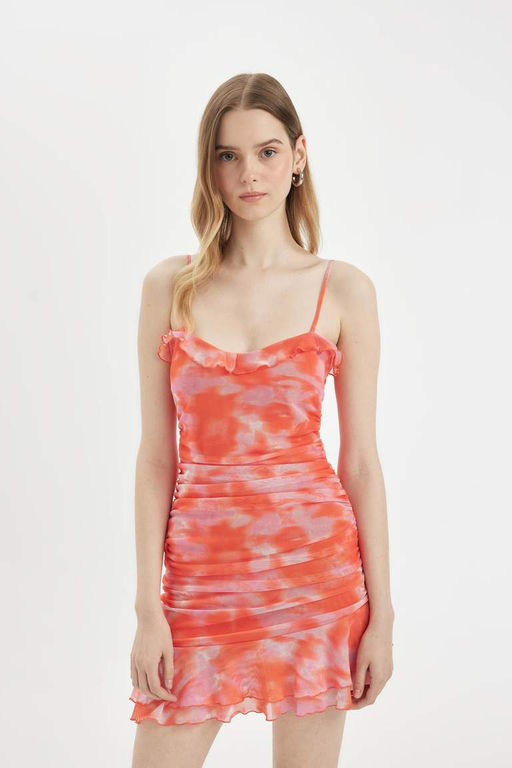 Облегающее мини-платье из тюля с узором на бретелях - Defacto фото 3