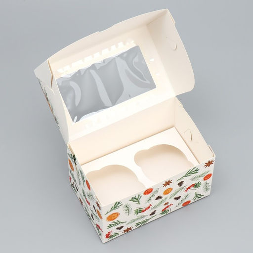 Цена за 5 шт. Коробка складная на 2 капкейка с окном «С Новым годом!», мандарины, 10×16×10 см