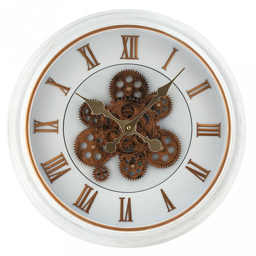 Часы настенные Империя д37,7-45,8см, h7см, циферблат Шестеренки вращающиеся, белый/потертое золото; цифры римские, потертое золото; корпус пластик, белый, полоски золотого цвета; в лотке (Китай)