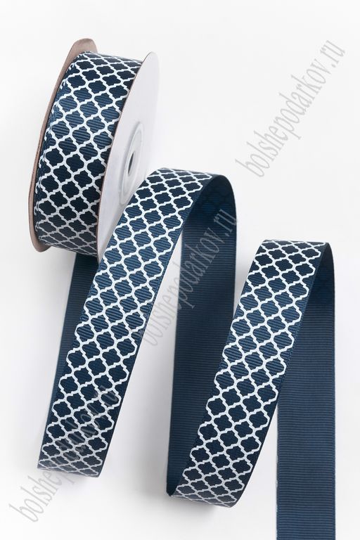Лента репсовая 2,5 см*25 ярд с рисунком "Узор" SF-7214, темно-синий №38