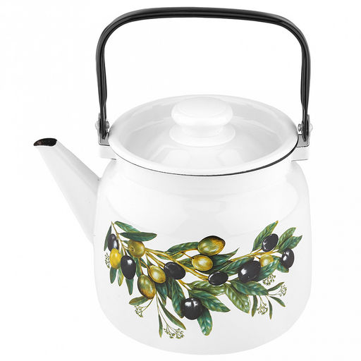 "Оливковая ветвь" Чайник эмалированный 3,5л, д19,4см, h16,2см, s0,08мм, двойной слой эмалевого покрытия, металлическая крышка с пластмассовой ручкой-кнопкой, металлическая подвижная ручка (Россия)