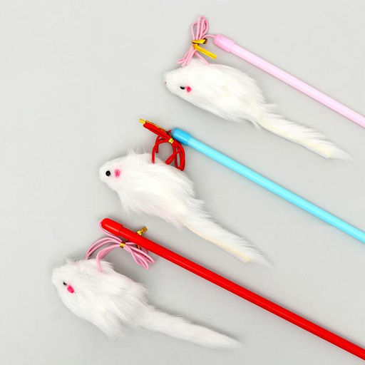 Дразнилка-удочка с белой мышью, палочка микс цветов - Пижон фото 4