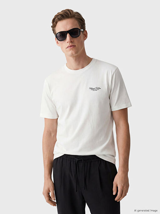 Loose Fit Bisiklet Yaka Bask?l? Erkek Ti??rt