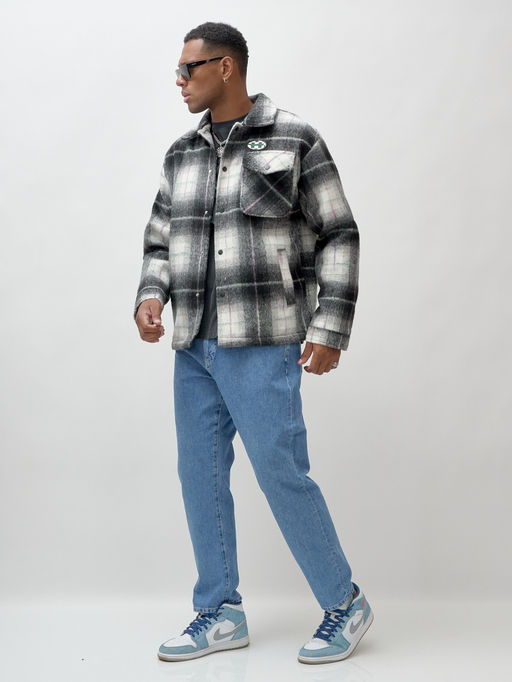 Куртка рубашка шерстяная в клетку мужская демисезонная темно-серого цвета 58592TC