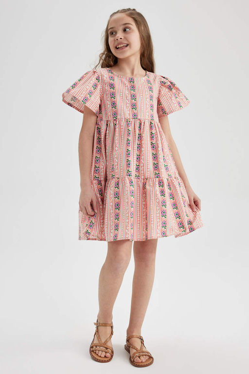 Платье с короткими рукавами и узором для девочки - Defacto фото 5