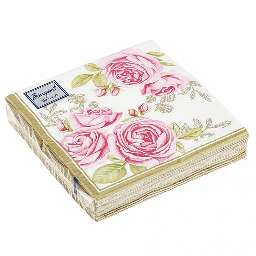 Салфетки бумажные "Bouquet de Luxe" 24х24см, 3-х слойные, 25 штук в упаковке, 100% целлюлоза, "Роза с золотыми листьями" (Россия)