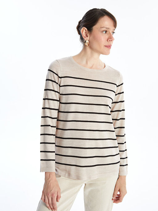 Bisiklet Yaka ?izgili Uzun Kollu Kad?n Triko Kazak