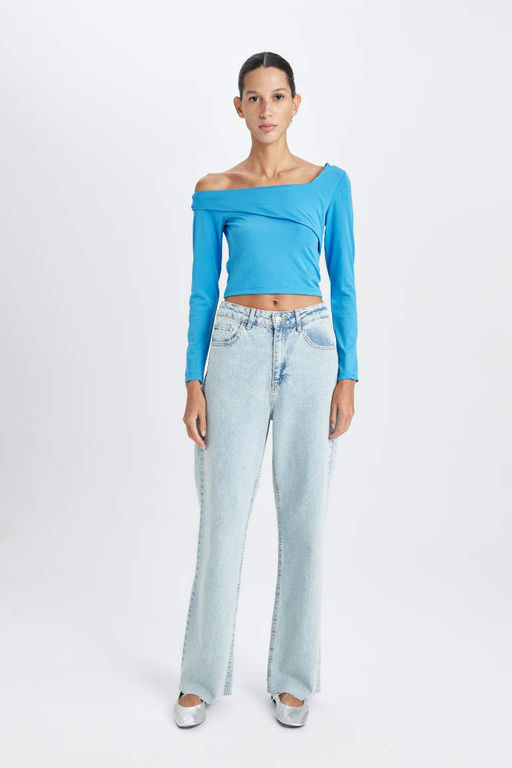 Женская приталенная футболка с открытыми плечами и длинными рукавами - Defacto фото 2