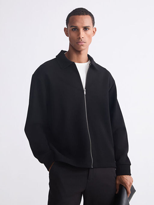 Standart Kal?p Polo Yaka Erkek Fermuarl? Sweatshirt