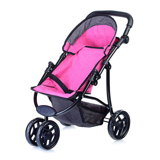 Коляска для кукол, 3-колесная, металлическая, прогулочная, с тентом, с корзиной, цвет ярко-розовый, в пакете