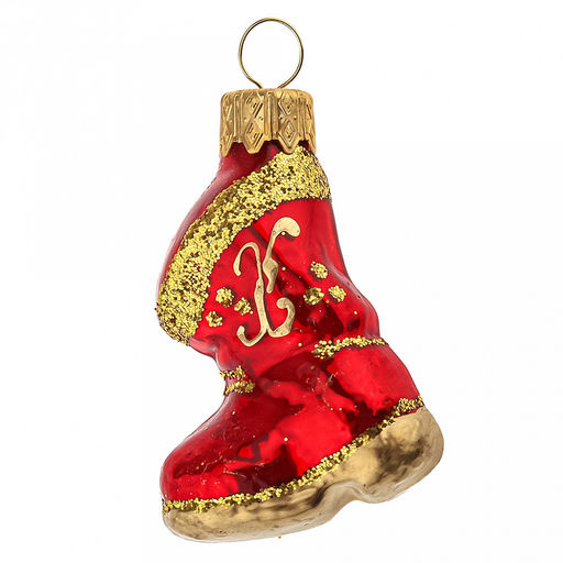 Елочная игрушка фигурка стеклянная "Сапожок", красный, ручная художественная роспись, подарочная упаковка (Россия)