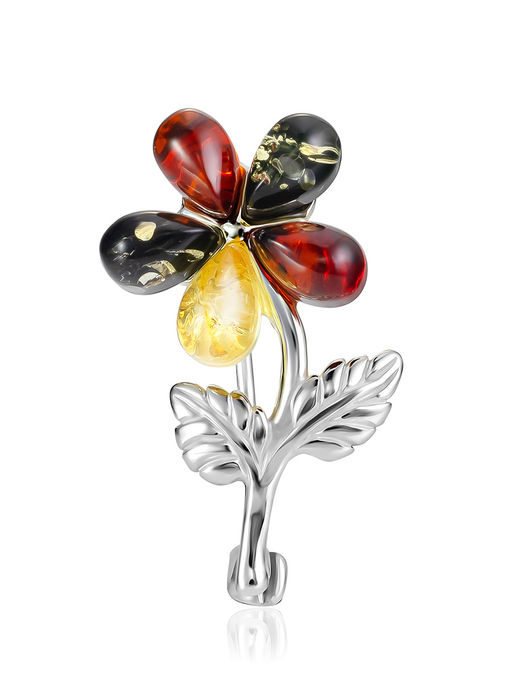 Яркая брошь с натуральным янтарём разных оттенков Кувшинка