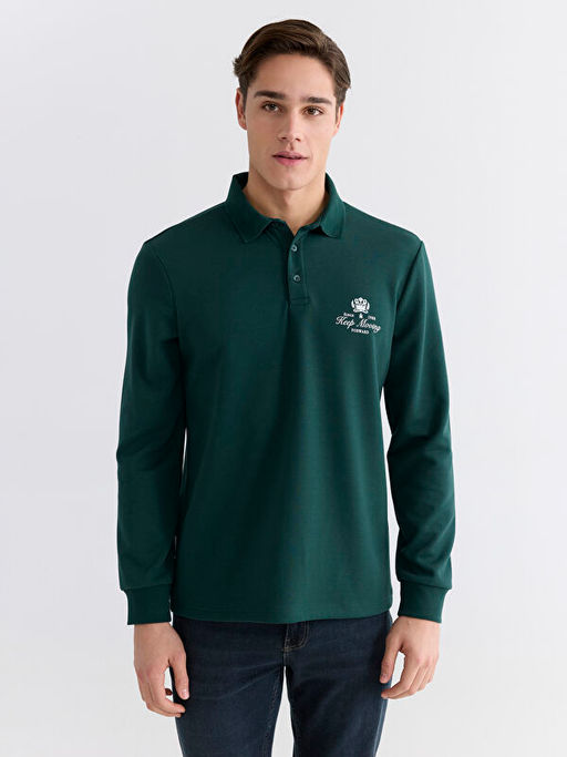 Polo Yaka Bask?l? Erkek Sweatshirt