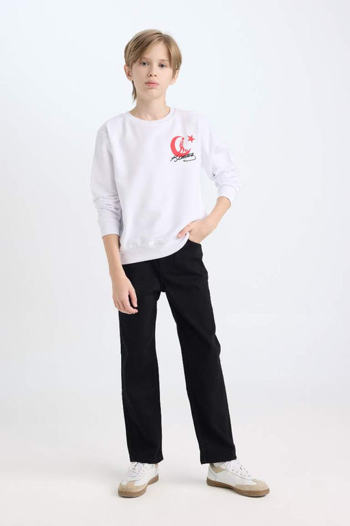 Белый свитшот с круглым вырезом стандартного кроя для мальчиков с принтом Ататюрка и вышивкой - Defacto фото 2