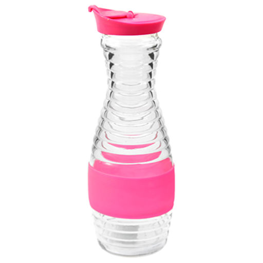 Бутылка стеклянная Мираж 0,9л h27,5см, с широким горлом д5,8см, пластмассовая крышка-дозатор, в силиконовой оплетке, цвета микс (д/основания 6,8см) (Китай)