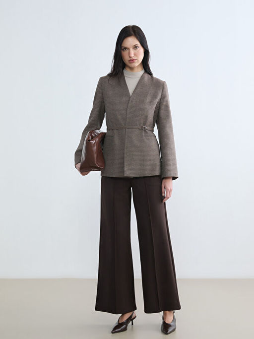 Kemerli Ekose Kad?n Blazer Ceket