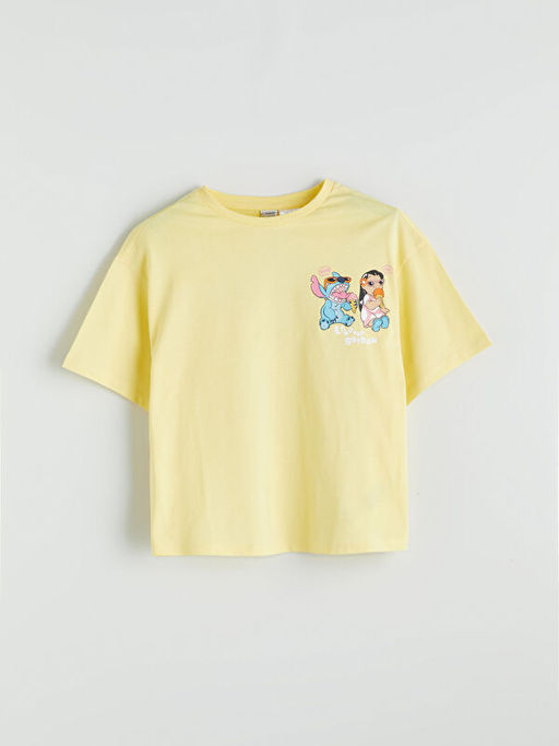 Bisiklet Yaka Lilo ve Stitch Bask?l? K?z ?ocuk Ti??rt