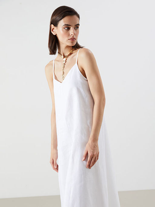 V Yaka Ask?l? A Kesim %100 Keten Elbise