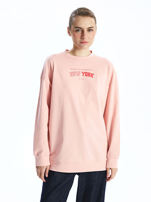 Bisiklet Yaka Bask?l? Oversize Kad?n Sweatshirt Tunik