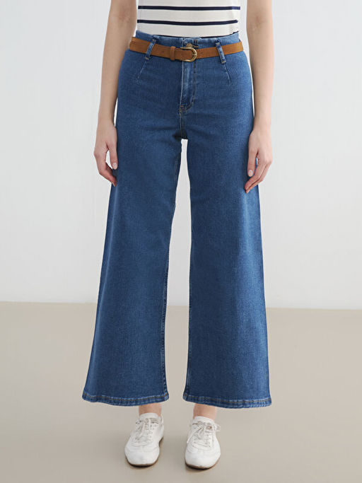 Beli Kemerli Wideleg Kad?n Jean Pantolon