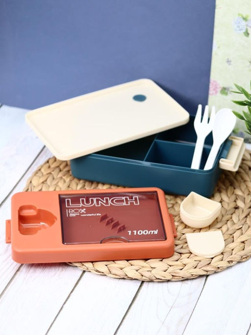 Ланчбокс "Tasty food", orange-blue (ложка+вилка), 1100 мл