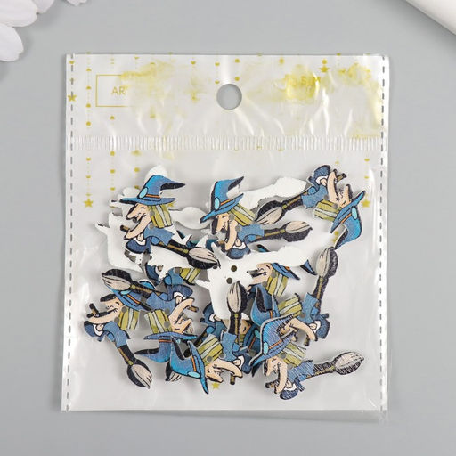 Цена за 2 шт. Пуговицы дерево для творчества 2 прокола «Ведьма на метле», набор 15 шт., 3.5×2.5 см