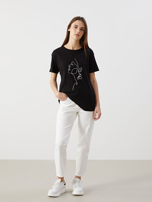 Bisiklet Yaka Bask?l? Kad?n Ti??rt