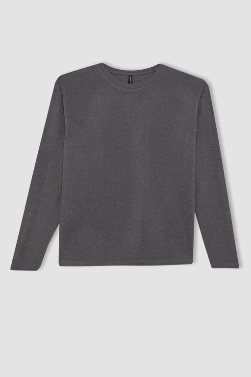 Женская однотонная футболка с длинными рукавами из ткани селаник антрацита стандартного кроя с круглым вырезом - Defacto фото 8